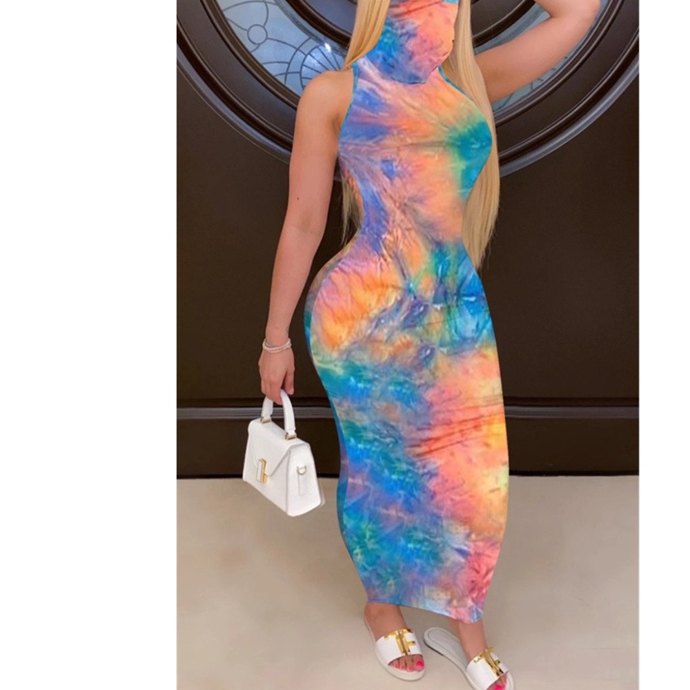Tie-Dyed Stretch Sleeveless Face Cover Maxi Dress